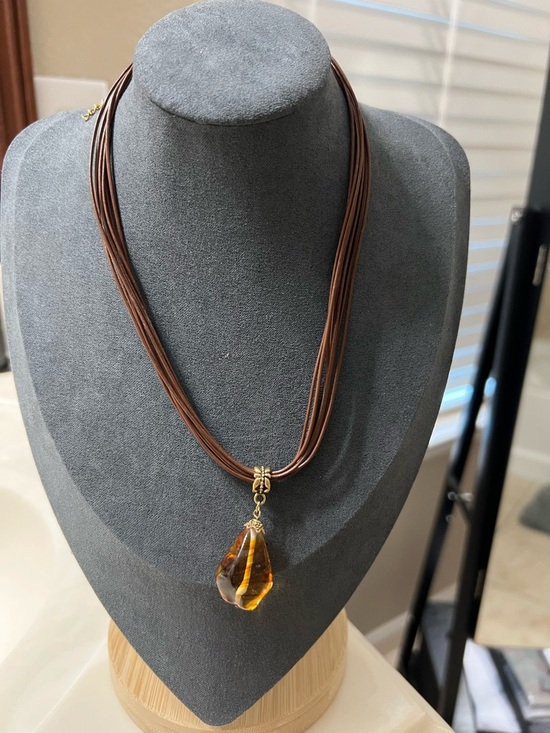 Jewelry - Gold plated Amber Teardrop Pendant Multi-Strand Brown Cord Necklace